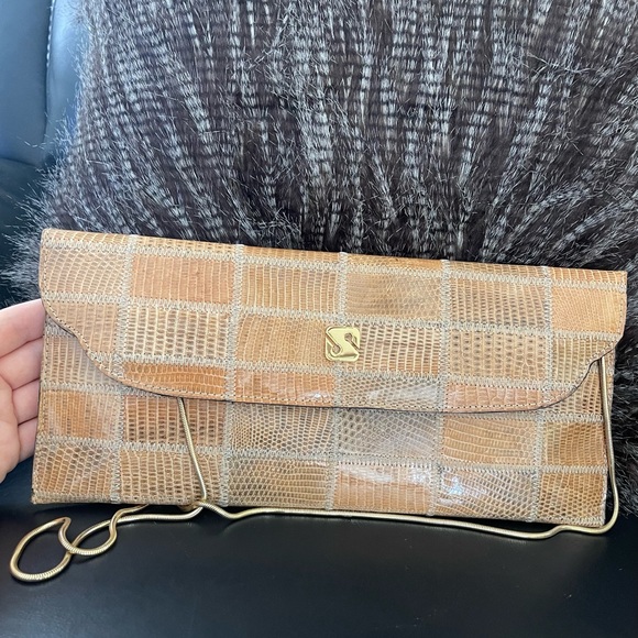 VINTAGE SANES BROWN SNAKESKIN SHOULDER CLUTCH BAG HANDBAG
CHAIN STRAP - Picture 2 of 9